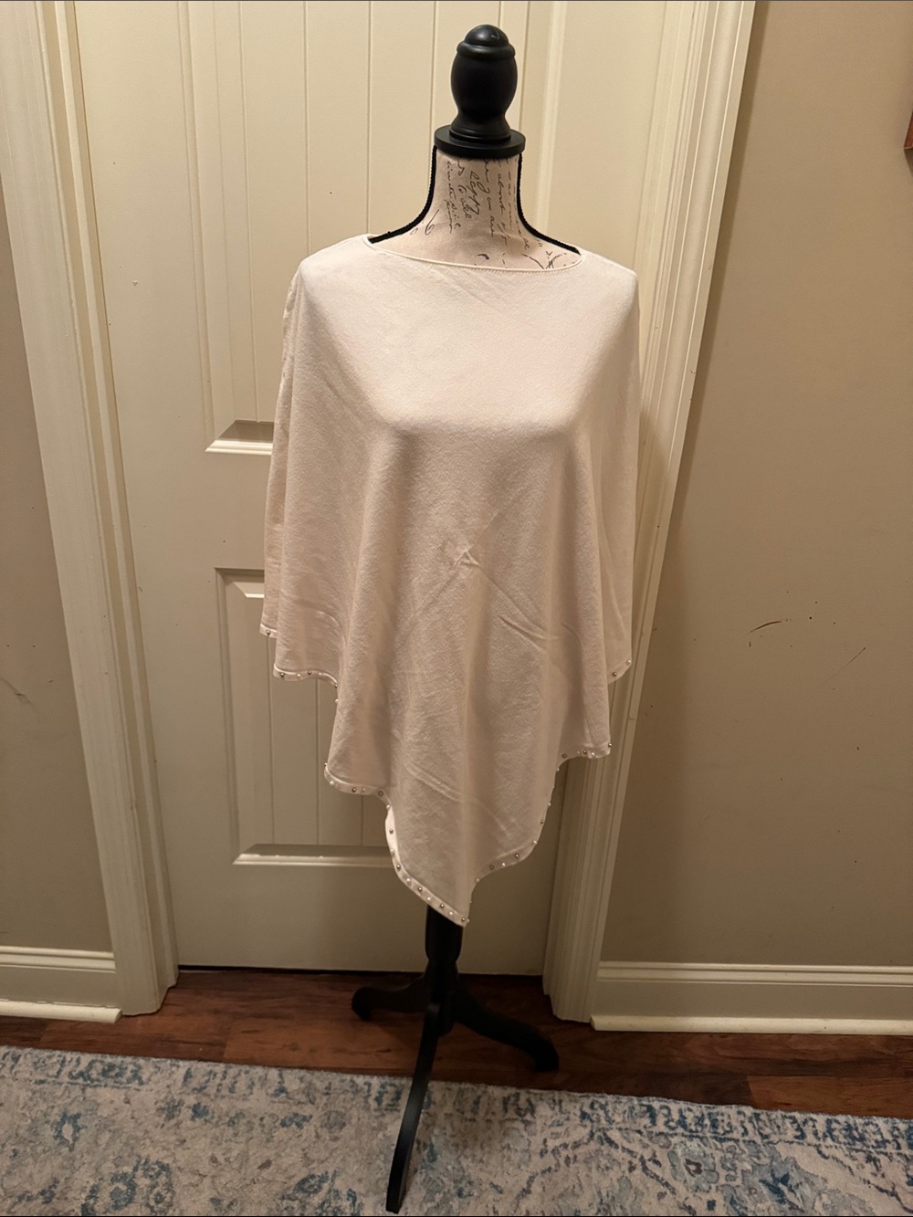 Soft Cotton Cream Lightweight Knit Poncho with Bead Trim